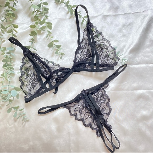 Other - Black Lace Thong and Triangle Bra Set Crotchless